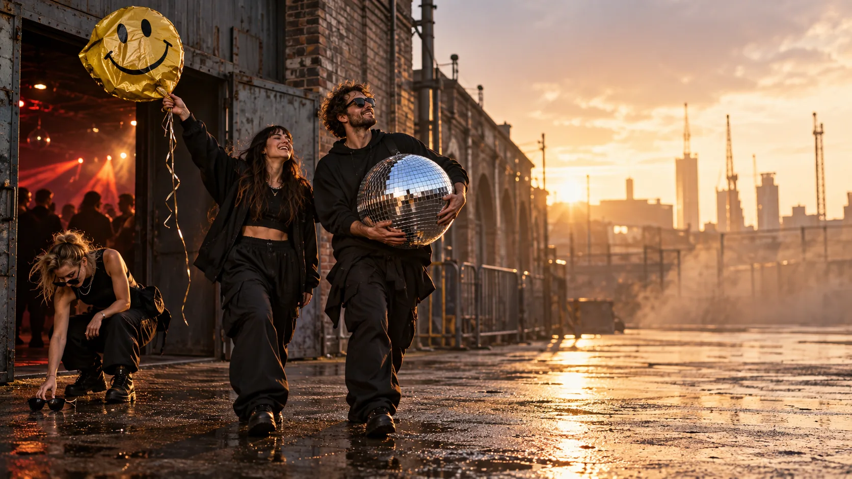 Friends leaving an underground rave with a disco ball and smiley balloon