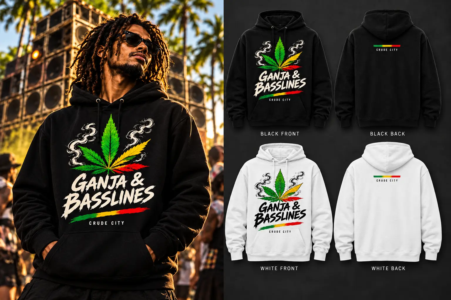 Ganja and Basslines hoodie design with model and black and white front and back views