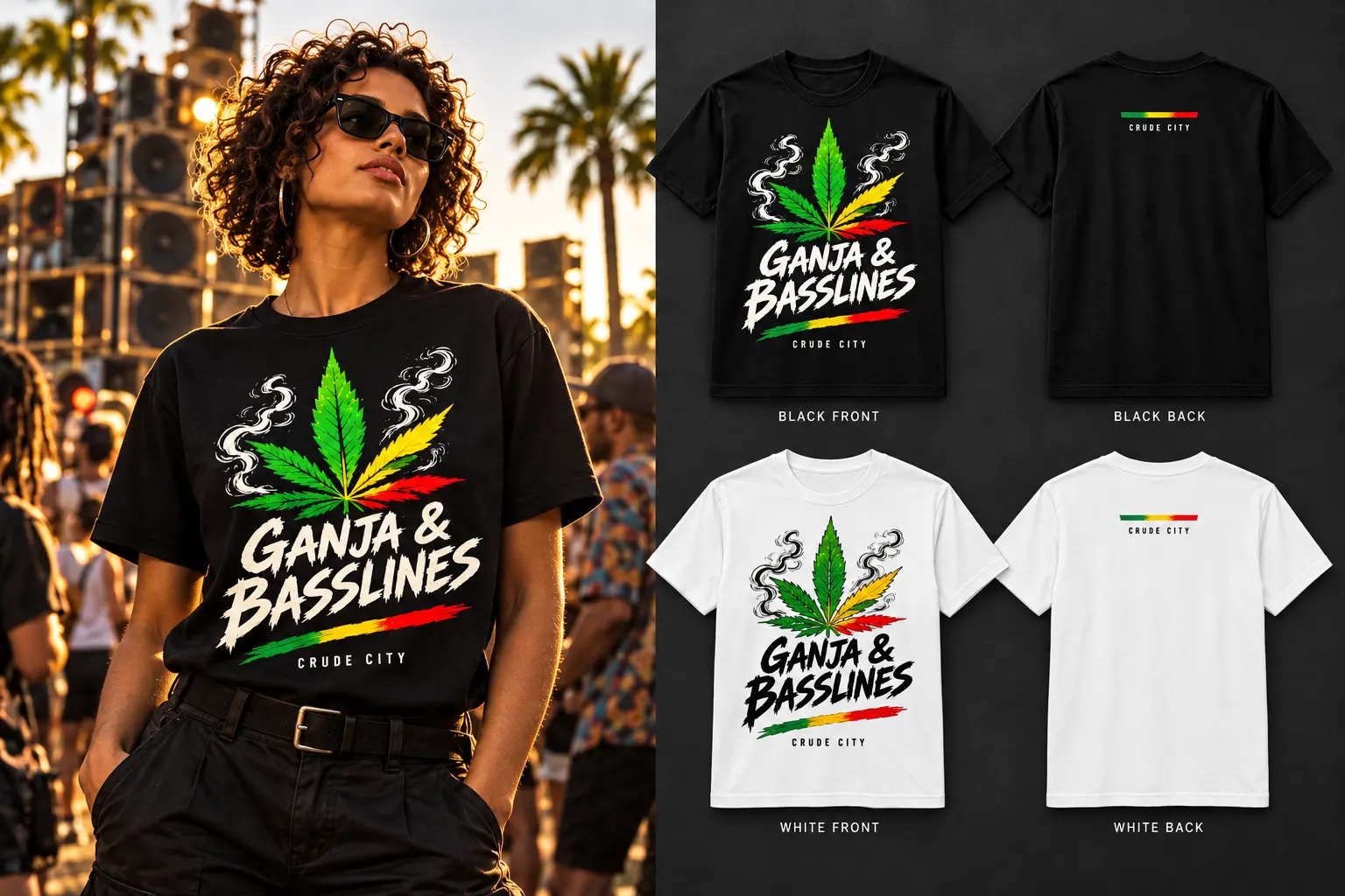 Ganja and Basslines — current green, yellow and red leaf with brush lettering, as shown in the Dub and Disorder catalogue