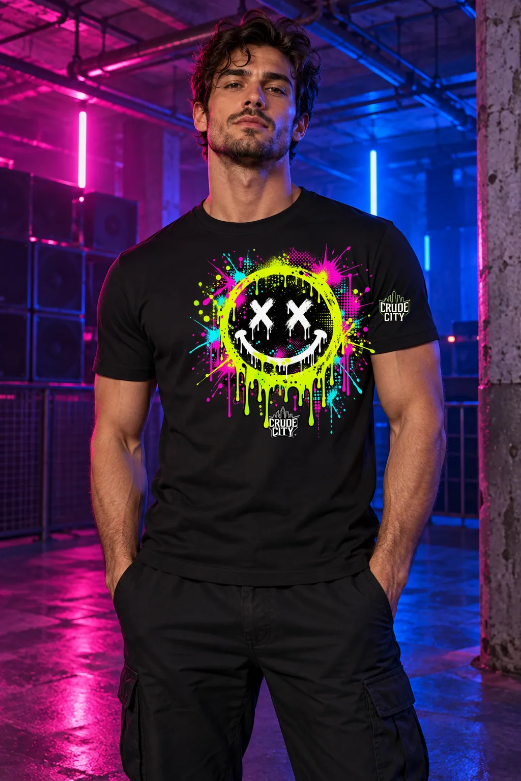 Neon Frequency — original acid smiley black T-shirt model photo
