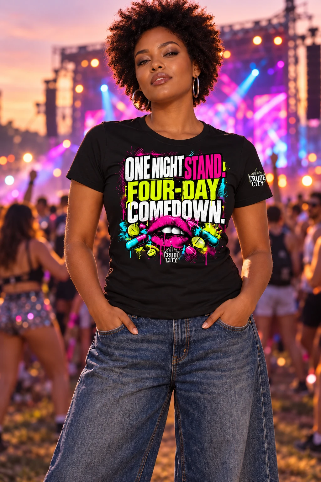 Woman at a festival wearing the original One Night Stand Four Day Comedown design