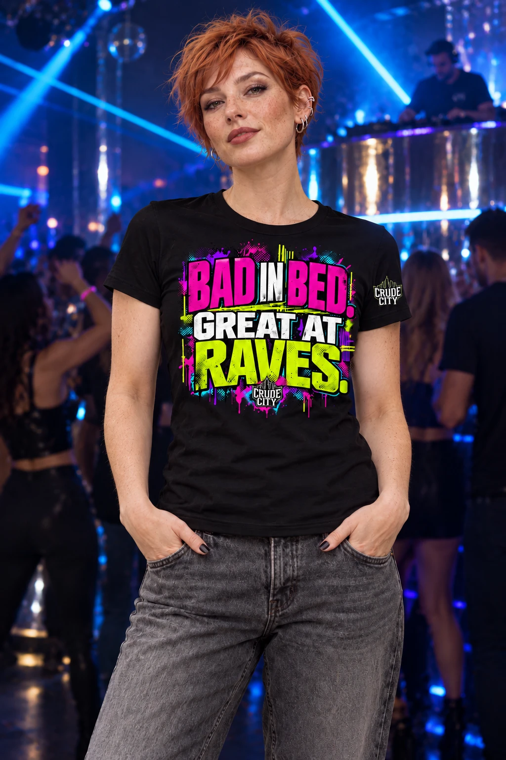 Red-haired woman in a club wearing the original Bad in Bed Great at Raves design