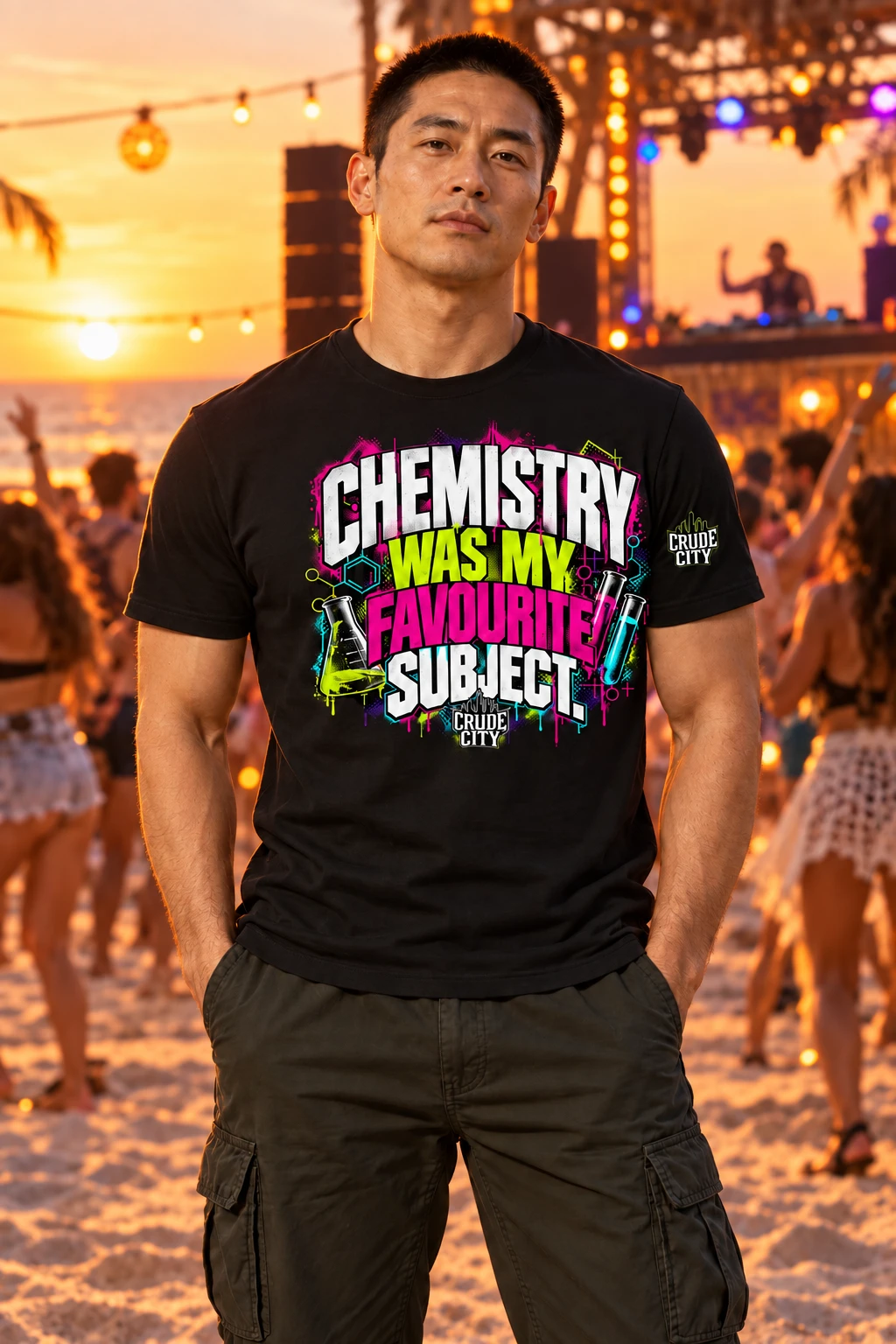 Different model at a beach party wearing the original Chemistry Was My Favourite Subject design