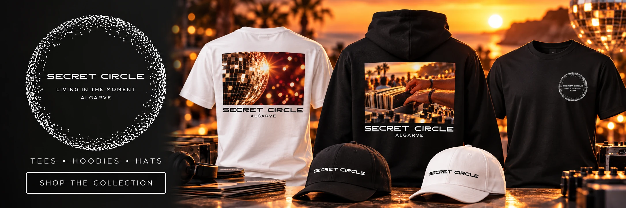 Secret Circle collection of black and white T-shirts, hoodies and hats at sunset
